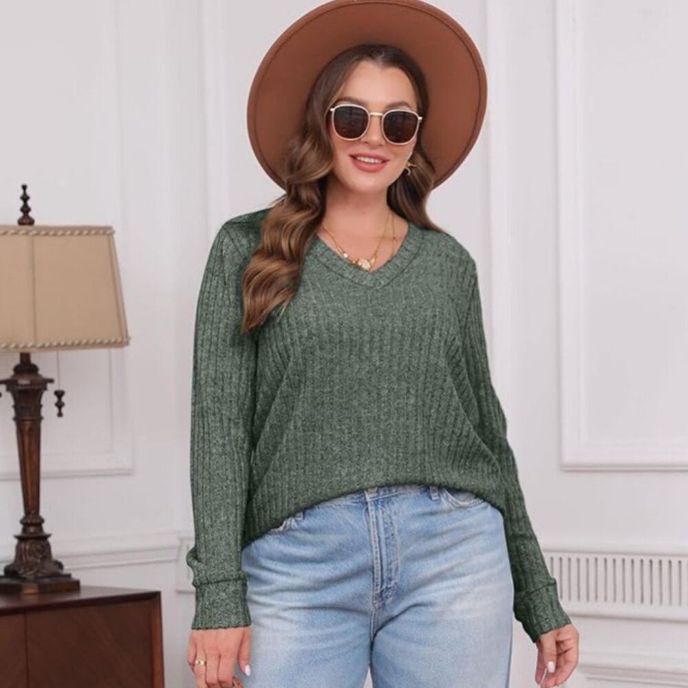 Women's Sweater Long Sleeves V Neck Soft Sweatshirt Casual Autumn Green Large